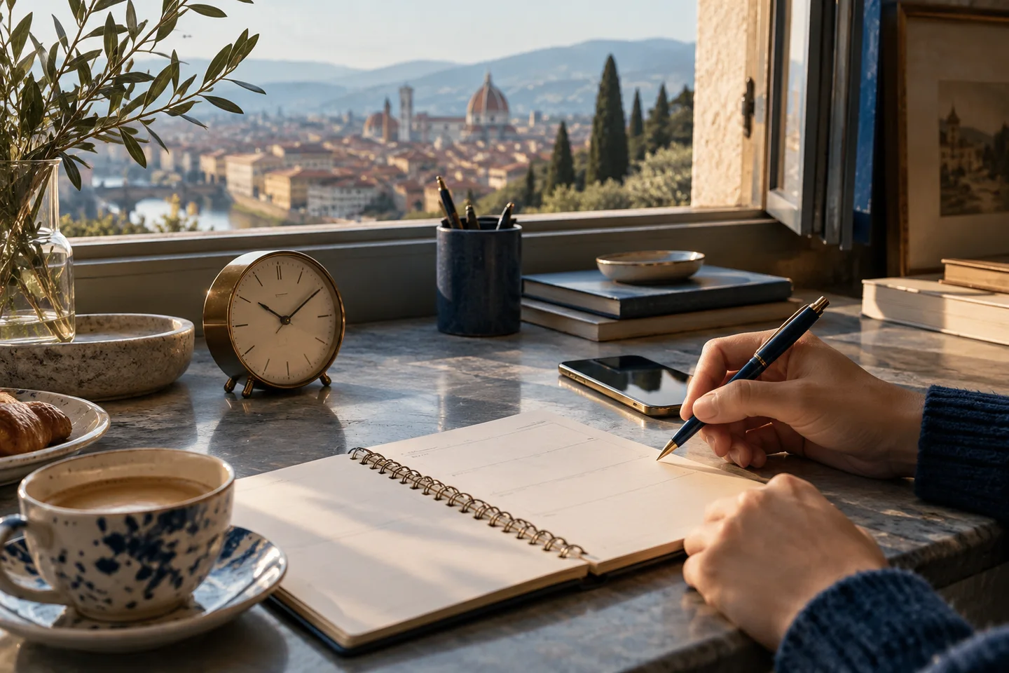 Orologio da tavolo e telefono vicino a una pianificazione