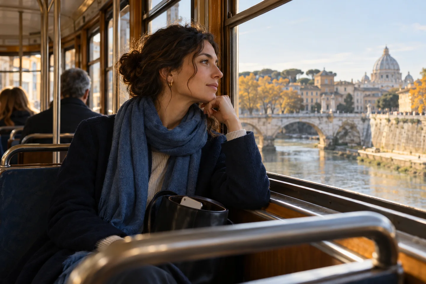 Persona in tram guarda fuori con il telefono riposto